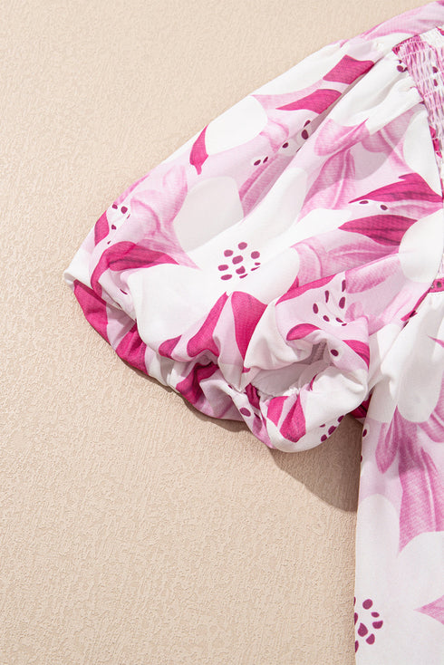 Sweet Floral Garden Smocked Frill Detail Puff Sleeve Blouse