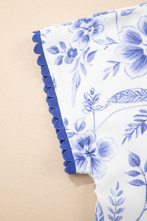 Sweet Floral Print Ricrac Trim Round Neck Short Sleeve Top