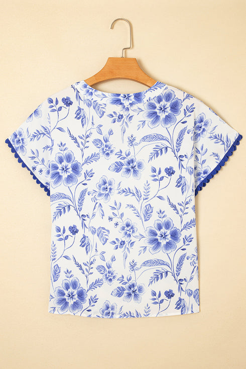 Sweet Floral Print Ricrac Trim Round Neck Short Sleeve Top