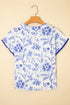 Sweet Floral Print Ricrac Trim Round Neck Short Sleeve Top