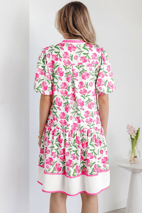 Sweet Floral Print Striped Trim A Line Dress