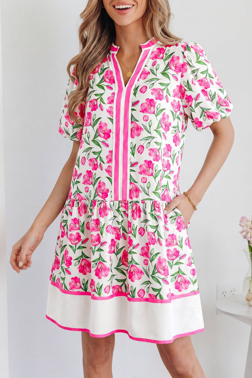 Sweet Floral Print Striped Trim A Line Dress
