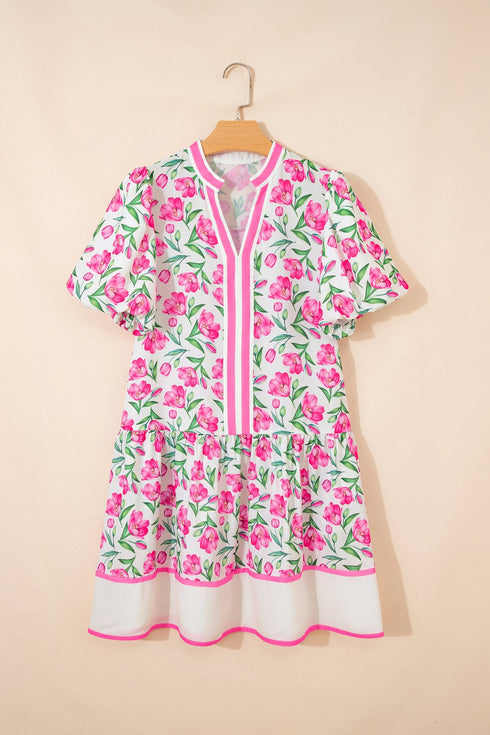 Sweet Floral Print Striped Trim A Line Dress
