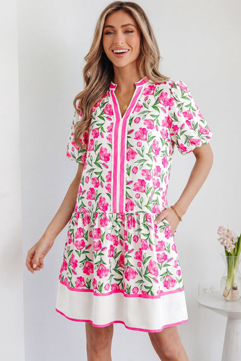 Sweet Floral Print Striped Trim A Line Dress