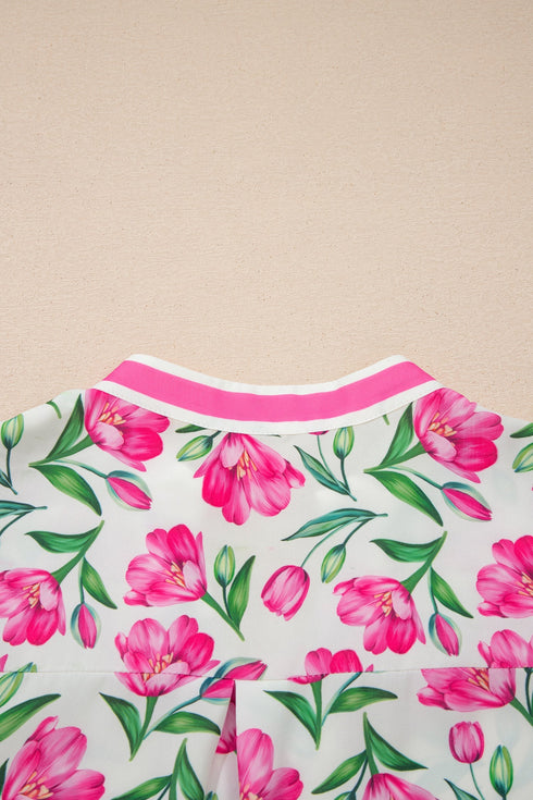 Sweet Floral Print Striped Trim A Line Dress