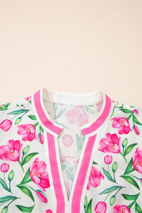 Sweet Floral Print Striped Trim A Line Dress