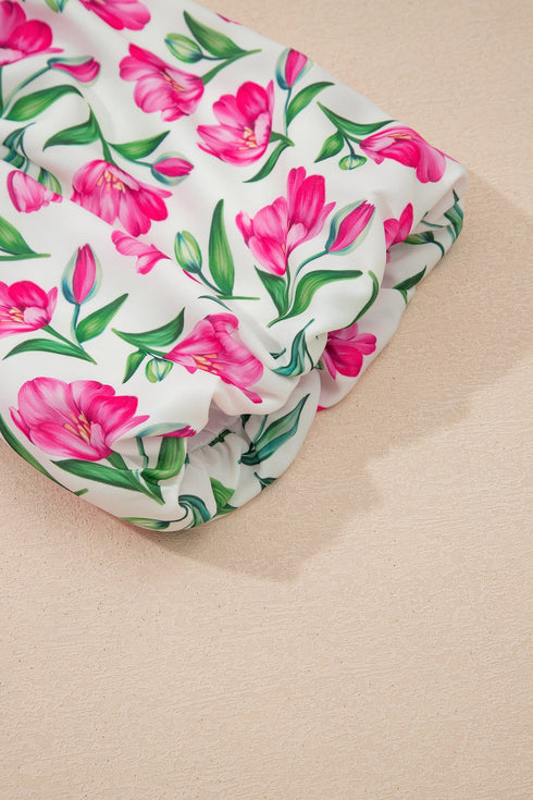 Sweet Floral Print Striped Trim A Line Dress