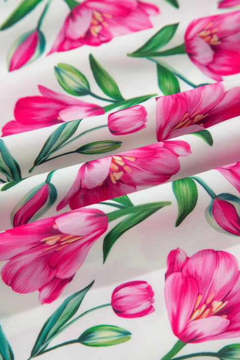 Sweet Floral Print Striped Trim A Line Dress