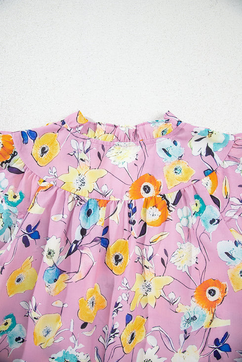 Sweet Floral Print V Neck Flutter Sleeve Casual Top