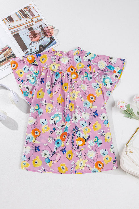 Sweet Floral Print V Neck Flutter Sleeve Casual Top