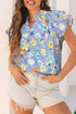 Sweet Floral Print V Neck Flutter Sleeve Casual Top