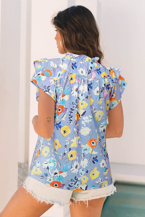 Sweet Floral Print V Neck Flutter Sleeve Casual Top