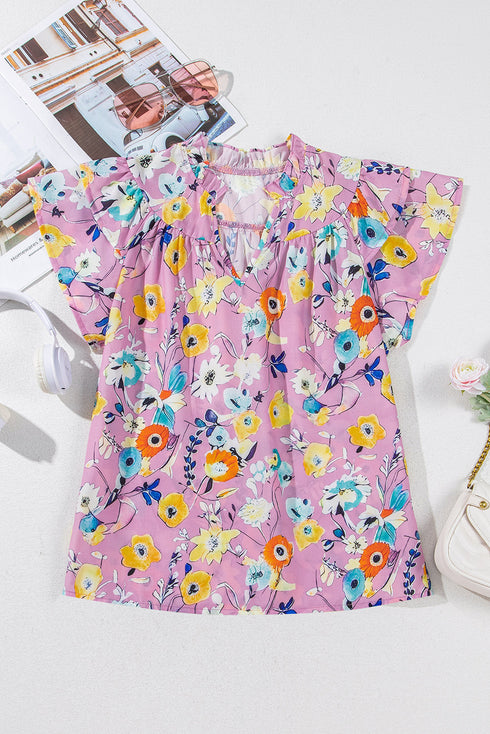 Sweet Floral Print V Neck Flutter Sleeve Casual Top