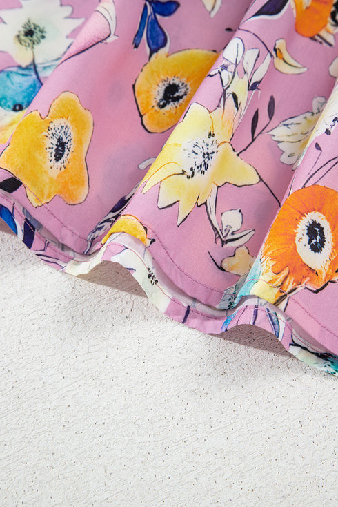 Sweet Floral Print V Neck Flutter Sleeve Casual Top