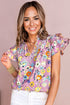 Sweet Floral Print V Neck Flutter Sleeve Casual Top
