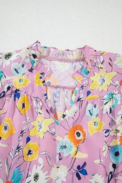 Sweet Floral Print V Neck Flutter Sleeve Casual Top