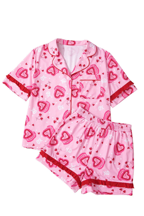 Sweet Heart Cake Print Ruffle Trim Two Piece Sleepwear