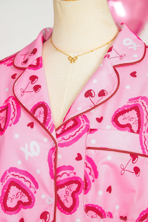 Sweet Heart Cake Print Ruffle Trim Two Piece Sleepwear
