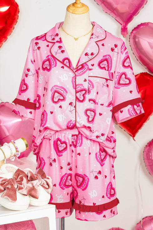 Sweet Heart Cake Print Ruffle Trim Two Piece Sleepwear