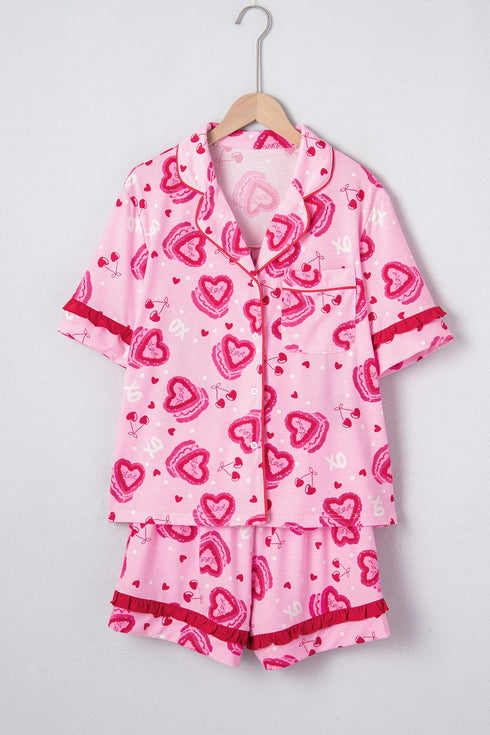 Sweet Heart Cake Print Ruffle Trim Two Piece Sleepwear