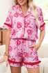Sweet Heart Cake Print Ruffle Trim Two Piece Sleepwear