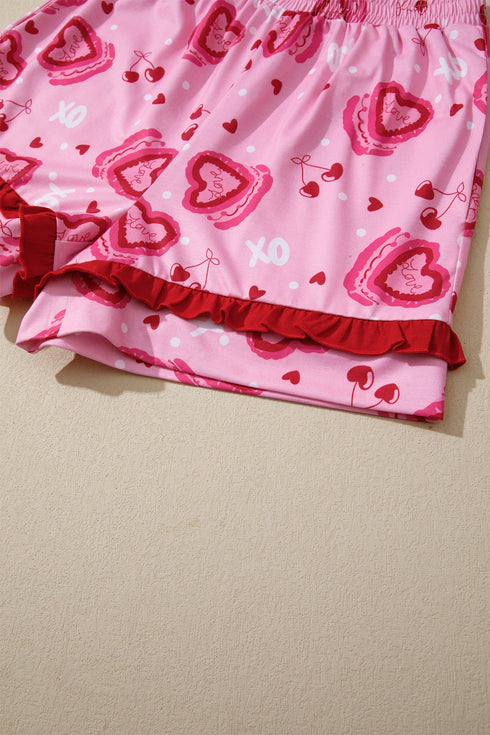 Sweet Heart Cake Print Ruffle Trim Two Piece Sleepwear