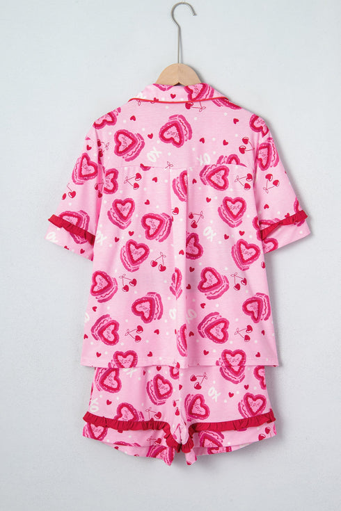 Sweet Heart Cake Print Ruffle Trim Two Piece Sleepwear
