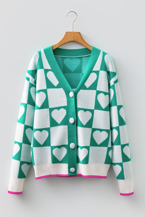 Sweet Heart Motif Checkerboard Knit Cardigan