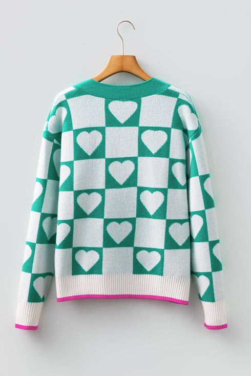 Sweet Heart Motif Checkerboard Knit Cardigan
