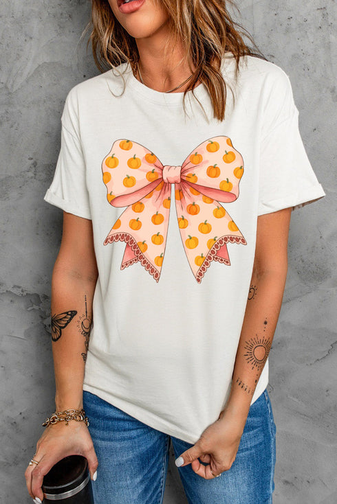 Sweet Pumpkin Print Bow Graphic Thanksgiving Tee