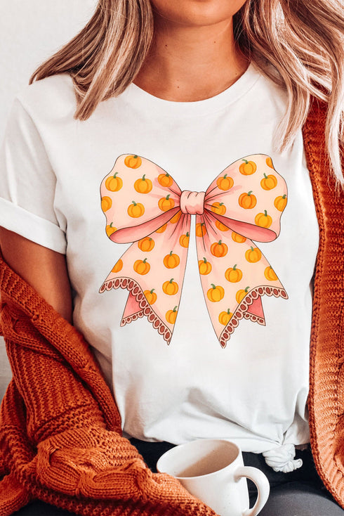 Sweet Pumpkin Print Bow Graphic Thanksgiving Tee