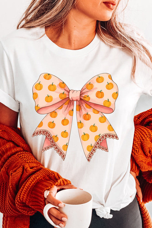 Sweet Pumpkin Print Bow Graphic Thanksgiving Tee
