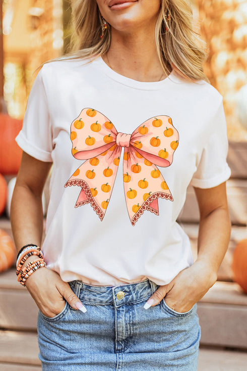 Sweet Pumpkin Print Bow Graphic Thanksgiving Tee