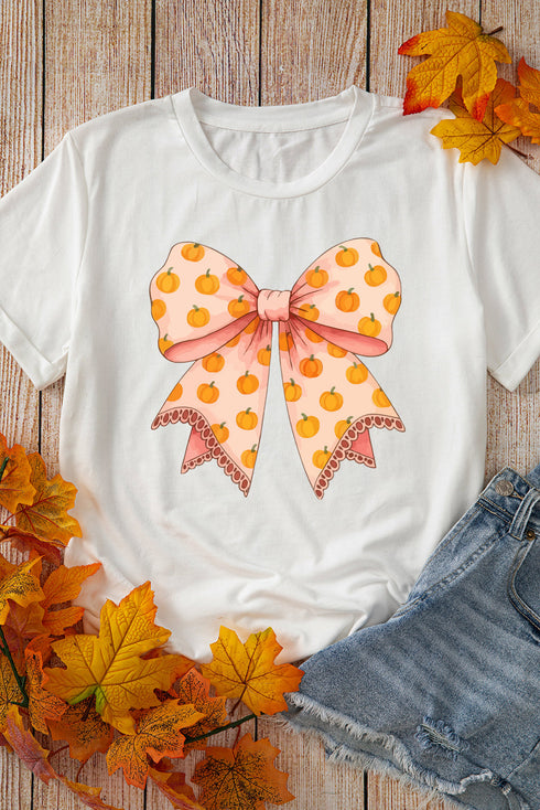 Sweet Pumpkin Print Bow Graphic Thanksgiving Tee
