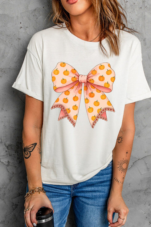 Sweet Pumpkin Print Bow Graphic Thanksgiving Tee