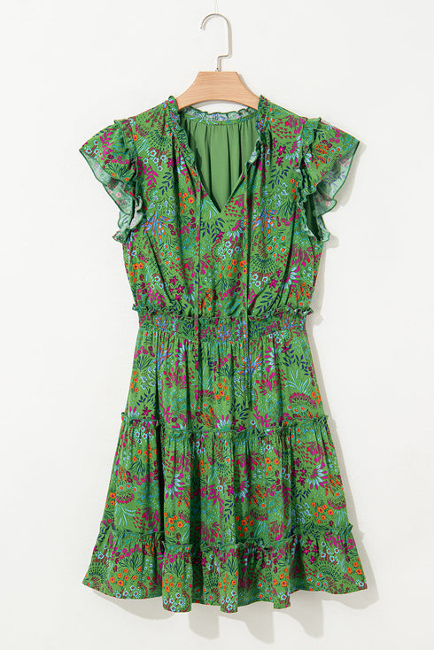 Sweet Shamrock Floral Ruffle Trim Tiered Mini Dress