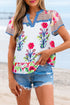 Sweet Southern Belle Floral Patchwork Split Neck Short Sleeve Blouse Top