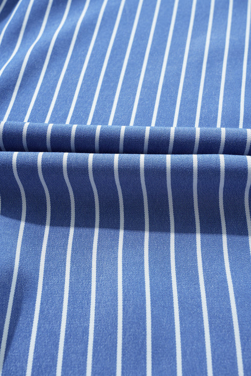 Sweet Striped Frill Detail Split Neck Shirred Ruffle Sleeve Shift Mini Dress