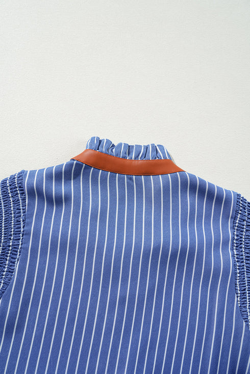 Sweet Striped Frill Detail Split Neck Shirred Ruffle Sleeve Shift Mini Dress