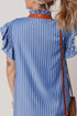 Sweet Striped Frill Detail Split Neck Shirred Ruffle Sleeve Shift Mini Dress