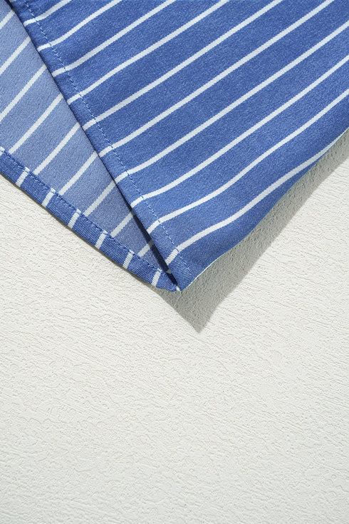 Sweet Striped Frill Detail Split Neck Shirred Ruffle Sleeve Shift Mini Dress