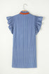 Sweet Striped Frill Detail Split Neck Shirred Ruffle Sleeve Shift Mini Dress