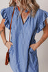 Sweet Striped Frill Detail Split Neck Shirred Ruffle Sleeve Shift Mini Dress