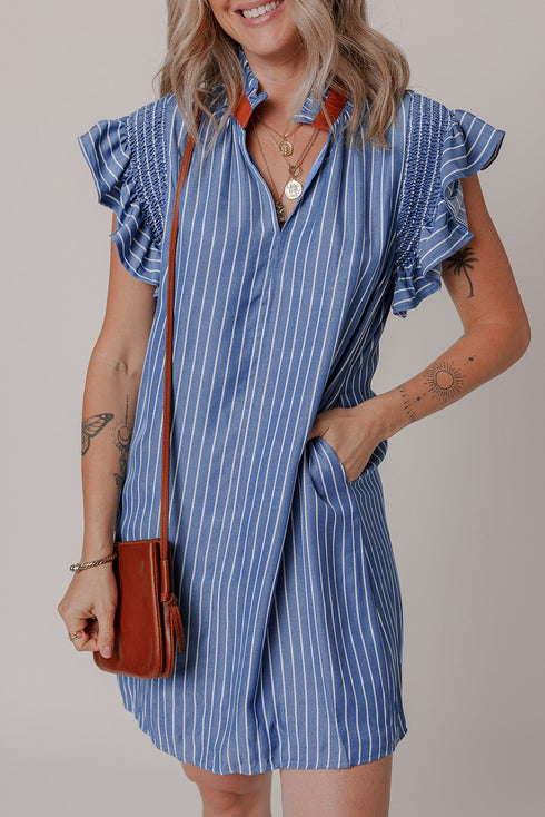 Sweet Striped Frill Detail Split Neck Shirred Ruffle Sleeve Shift Mini Dress