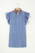 Sweet Striped Frill Detail Split Neck Shirred Ruffle Sleeve Shift Mini Dress