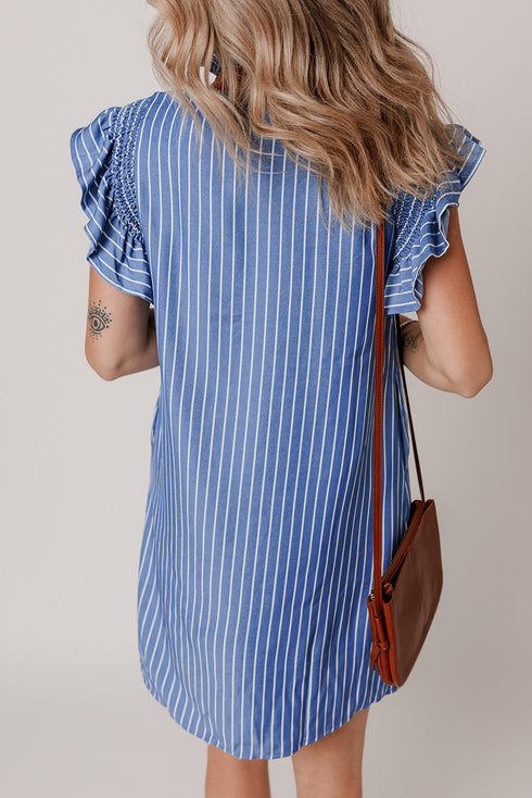 Sweet Striped Frill Detail Split Neck Shirred Ruffle Sleeve Shift Mini Dress