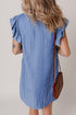 Sweet Striped Frill Detail Split Neck Shirred Ruffle Sleeve Shift Mini Dress