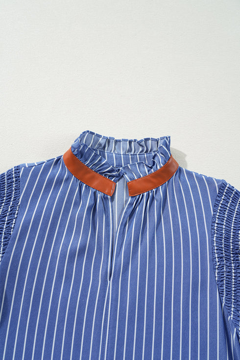 Sweet Striped Frill Detail Split Neck Shirred Ruffle Sleeve Shift Mini Dress