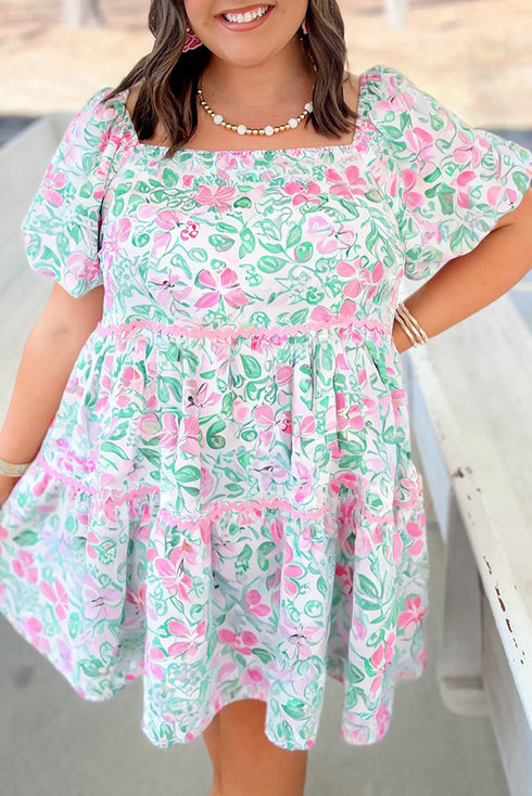 Sweetest Bloom Ric Rac Trim Floral Plus Size Mini Dress