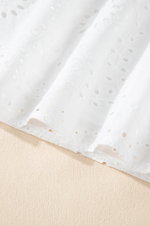 Sweetheart Eyelet Lace Ruffle Trim Short Sleeve Button Blouse